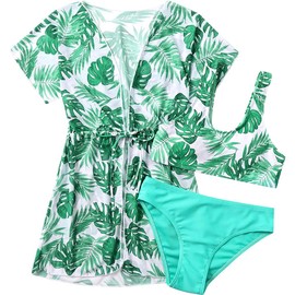 Nasjac Traje de Baño Bikini para Niñas 5 a 15 Años, 3 Piezas Conjunto de Bikini Bañador de Cuerda Tanga, Bikini con Exteriores de Protección Solar de Estampado Tropical para Fiestas Playa y Piscina