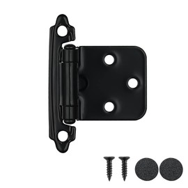 JQK 1/2 Inch Overlay Cabinet Door Hinges Black, 10 Pack 5 Pairs Flush Face Mount Cupboard Self-Closing Kitchen Cabinet Hinges with Door Bumper, CH200-BK-P10