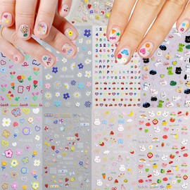 8 Sheets Kids Nail Stickers for Nail Art, 5D Embossed Self-Adhesive Flower Rainbow Dog Fruits Cherry Nail Decals, Cute Nail Supplies Designs Accessories for Women Girls Toddler Manicure DIY Decoration