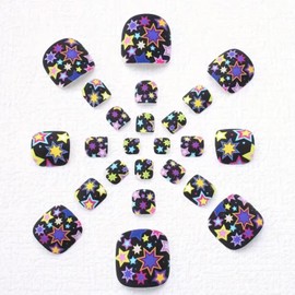 Colorful Star Press on Toenails Short Square False Toenails Matte Star Acrylic Toe Nails Reusable Full Cover Toe Nails for Women