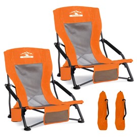 Tisetrail Low Profile Beach Chairs Set of 2 with Cup Holder Folding Mesh Sand Chairs for Adults Portable Lightweight Lowback Sling Chairs for Beach Camping Concert Travel Support 300lbs, Orange