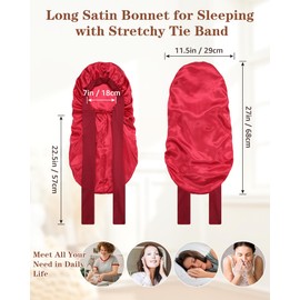 Braids Satin Bonnet for Sleeping Long Bonnet Women Hair Bonnet with Stretchy Tie Band Satin Hair Wrap(Red)