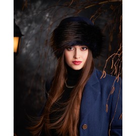 Futrzane Classic Hat with Fur Trim - Fur Hat Women's - Fur Russian Hat, Navy - Navy Blue with Brown Classic