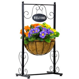 Sorbus Welcome Planter Basket Stand with Coco Liner, Stylish Flower, Plant, and Outdoor Décor for Home, Garden, Patio, Deck, Black Metal