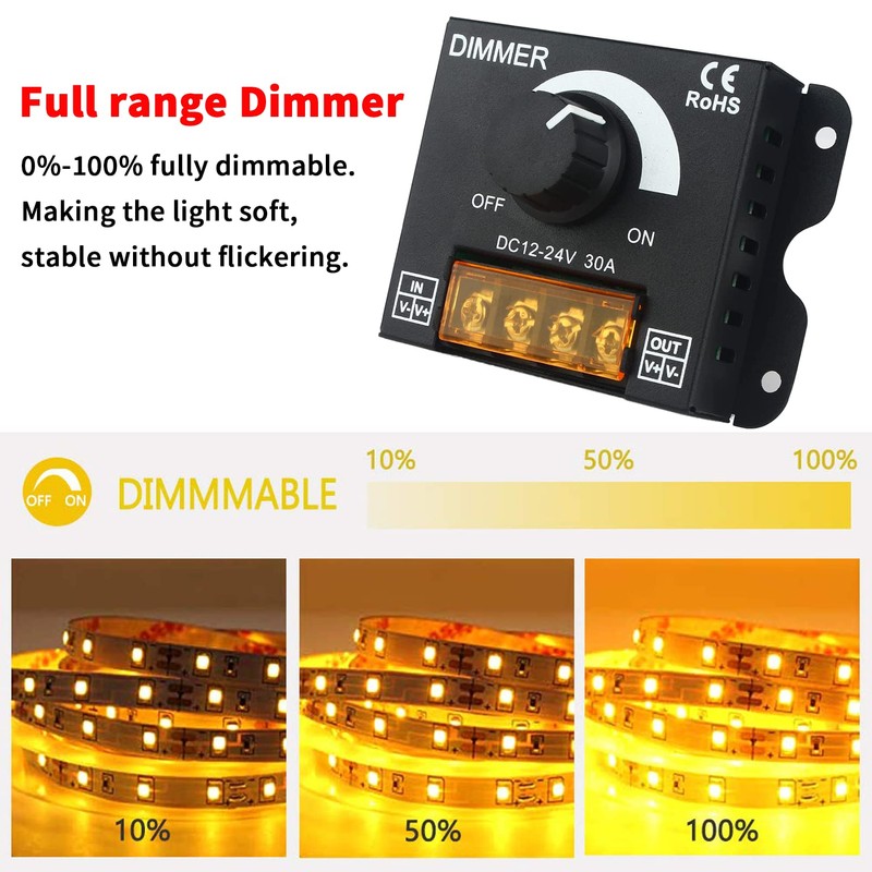 LED Light Strip Dimmer,DC 12V-24V 30A PWM Dimming Controller,Dimmer Knob
