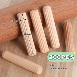 Faankiton 200 Pieces Wooden Dowel Pins 10x40mm, Straight Grooved Wooden Dowel with Bevelled End, Fluted Hardwood Wooden Dowel Pins, Fluted Wooden Dowel for Crafts, Furniture, etc.