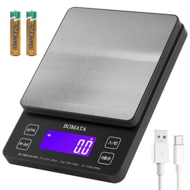 Bomata B606 Digital Kitchen Scale, 0.1 Unit, 11.0 lbs (5 kg), Full View, Backlight Screen, USB Charging, Apperance, Panel, Touch Type, Buttons, Regional Settings, Tare, ML, Stainless Steel, Digital Scale (Lightweight, Small Items, Cooking, Milk), Recharg