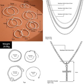 CONGYING 116 Pcs Silver Jewelry Set with 7Pcs Layered Necklace, 11 Pcs Bracelet and 22pcs Hoop Earrings,22pcs Knuckle Rings,54pcs stud earrings Jewerly set For Women Valentine Friendship Gifts