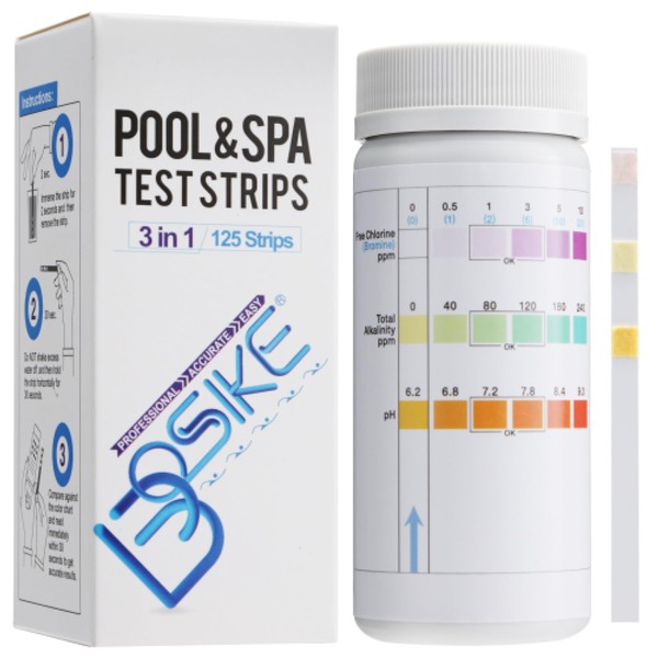 BOSIKE 3 in 1 Hot Tub Test Strips - 125 ct - Water Testing Kit for Swimming Pool & Spa - Tester for Alkalinity, Free Chlorine Bromine & pH