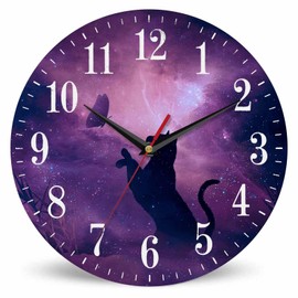 Mxocom Cat Silhouette Wall Clock Butterfly Starry Sky Galaxy Stars Shine Beautiful Night 10 Inch Silent Non Ticking Battery Operated Clock Vintage Round Clock for Living Room Bedroom Bathroom Decor