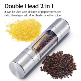 KINTEGOOD 2 in 1 Stainless Steel Salt and Pepper Grinder Set, Double Head Salt and Pepper Grinder, Manual Salt and Pepper Mill Grinder Salt Grinder Refillable, Sea Salt Grinder Salt Pepper Grinder