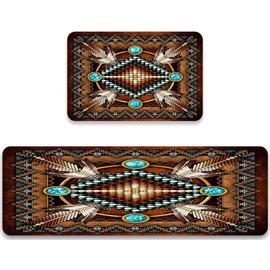 JILANGCA Rustic Southwestern Kitchen Rug Set of 2 Tribal Native American Indian,Washable Kitchen Mat Geometric Cushioned Floor Mats Anti Fatigue Non-Slip Kitchen Runner Rugs,17.7"x47.2"+17.5"x29.5"