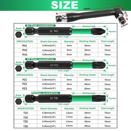 NICAVKIT 10pcs 70 mm Long Screwdriver Bit Set, PH, PZ and Torx Bit Set with Strong Magnetic Head, 1/4 Inch Hex Shank, Phosphide Black Impact Wrench Bits