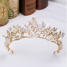 JORCEDI Butterfly Crystals Pearl Wedding Bridal Crown Tiara Bride Hair Accessory For Pageant Birthday Princess Tiara Headband