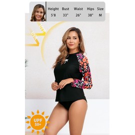 Halcurt Women's Long Sleeve Rash Guard Swim Top UPF50+ SPF Sun Protection Swimsuit Quick Dry Bathing Suit Black Red Flowers S