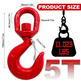 5 Tons Heavy Duty Swivel Hook with Safety Latch,360 Degree Rotating Crane Swivel Lifting Eye Hook for Crane, Swivel Chain Hooks for Lifting Chains Port Transportation, 11000 Lbs Capacity,Red