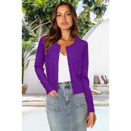 Newshows Women's Solid Button Down Long Sleeve Classic Crew Neck Knit Cardigan Sweater(Purple,X-Large)