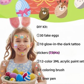 Lifesiddle Easter Eggs 30 Pack, White Plastic Eggs for Easter Basket Essentials, Fack Eggs for DIY Crafts and Decorations, 12-Color Paint Set, Egg Filler Stickers for Kids