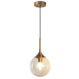 KCO Lighting Mid Century Modern Pendant Chandelier Amber Glass Hanging Lamp Gold Globe Pendant Lights Kitchen Island Brushed Brass Pendant Light Large Kitchen Pendant Lighting Over Island
