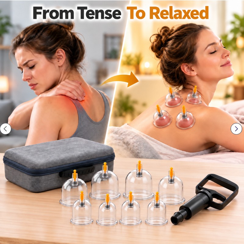 12-Piece Cupping Massage Set – Manual Vacuum Pump, Reusable Cups