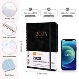 Vinddoor 2025 Planner Weekly and Monthly, 2025 Daily Planner January 2025 - December 2025, 2025 Planners for Women or Men with Calendar Book Planners with A5 (6.0" x 8.5") - Black