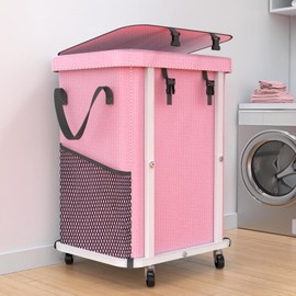 40 Gal(150L) High Grade Large Laundry Basket with Wheels, Rolling Laundry Hamper, Laundry Cart with Metal Frame and Removable Bag Design, Suitable for Laundry Room, Bedroom (Pink, 150L)