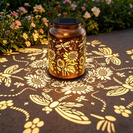 Exteriores Solar Power Lantern Hanging Waterproof Dragonfly Sunflower Light