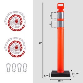 Spurgehom 9 Pack Delineator Post Set, 45" Orange Traffic Delineator Post Cone with 10lbs Rubber Base, Safety Cones with 2 Reflective Tapes and 6 Red & White Plastic Chains for Parking Lot