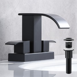 Black Waterfall Bathroom Sink Faucet with Pop up Sink Drain Stopper Overflow for Faucet Vessel, 4 Inch 2 Handles 2 or 3 Holes Centerset Faucet for Lavatory Bathroom Sink with Supply Lines