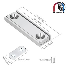 Wukong 4 Pack Rectangular Neodymium Magnets, Heavy Duty 20kg, 40 x 13.5 x 5 mm with Countersunk Hole for Home, Industry Tools, Wall Board with Screws