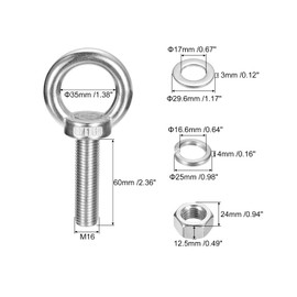 QUARKZMAN Hebeösenbolzen, 2 Sets M16 x 60mm Hebeösenbolzen mit Mutter Unterlegscheibe 304-Edelstahl-Schulter-Hebering-Ösenbolzen zum Aufhängen von Gegenständen