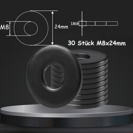 qingmeng Pack of 30 Washers M8 x 24 mm Body Washers Black Stainless Steel 304 Large A2 V2A Flat Washers Set, Spacers Door Washers for Screws Nuts Threaded Rod