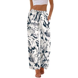 AKEWEI Womens Lightweight Cotton Linen Palazzo Trousers Black White Print Loose Fit Pants for Effortless Style in All Seasons