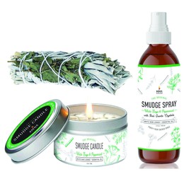 Soul Sticks Smudge Kit 3 Piece Set Bundle | Peppermint 4" Sage Smudge Sticks, Smudge Candle, Smudge Spray for Cleansing, Meditation, Healing, Aromatherapy (White Sage & Peppermint)