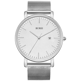 Burei Men's Wrist Watch, Stylish, Minimalist, Ultra Thin Commuter Net Strap, Quartz, Waterproof, Birthday Gift, sliver