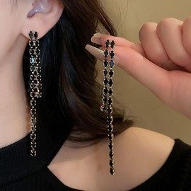 Aneneiceera Vintage Black Rhinestone Chain Earrings Oval Black Cz Drop Earrings Linear Crystal Dangle Earrings Gothic Black Gemstone Earrings Jewelry for Women