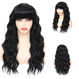 X-TRESS 20 Inches Synthetic Black Wavy Wigs with Bangs Synthetic Natural Curly Bang Black Wigs for Women Synthetic Hair Heat Resistant Fiber Hair Wigs for Daily Party Black Wig（1B）