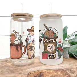 Western Theme Coffee Latte 16 oz Libby Glass Can Tumbler with Lid and Straw Gifts for Women, Coffee Lovers, Cow with flowers, Gifts for farm life, farmhouse style