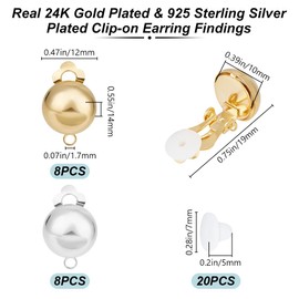 Beebeecraft 1 Box 16Pcs Clip-on Earring Findings 24K Gold & Sterling Silver Plated Half Round Clip On Earring Converter Non-Pierced Earrings Components and 20Pcs Ear Nuts for Earring Making