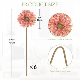 Briful Gerbera Daisy Flowers Artificial Stems 6PCS Realistic Faux Daisy Flower for Home Decor Indoor Tables Bathroom Vase, DarkSalmon