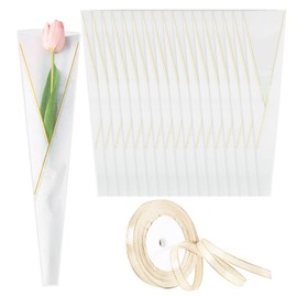 Bicuces 300 Pcs Single Flower Sleeves Wrapping Bags White Single Rose Florist Bouquet Packaging Bags Golden Edge Cellophane Flower Sleeves for Floral Arrangement Supply Wedding Valentine's Day