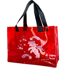 TotePrint Holographische Handtasche Durchsichtige Transparente Tasche mit Alphabet-Muster Leicht & Wasserdicht für Strand, Reise, Einkauf (1 Stück) (Rot + Einhörner)