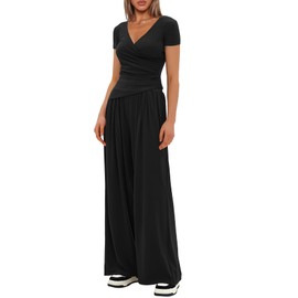 Darong Women's 2 Piece Lounge Outfits Sets Warp V Neck Short Sleeve Shirts and Wide Leg Pants Tracksuits Casual Matching Sets 9084A Black S
