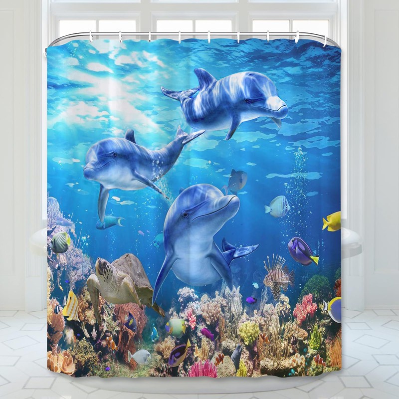 Simpomsy Dolphin Bathroom Curtains, Underwater Shower Curtain 180x180cm - Blue