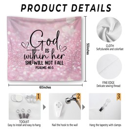 Foritho Sparkling Pink Christian Tapestry, God Is Within Her She Will Not Fall Bible Verse Tapestry Wall Hanging, Religious Wall Tapestries for Girls Bedroom Dorm Home Decor, 50x60 Inch
