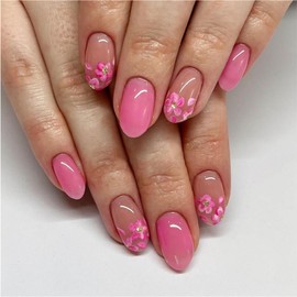 Pink Flower Press on Nails Almond Medium Fake Nails Cute False Nails Florals Rhinestones Glue on Nails Glossy Full Cover Acrylic Artificial Stick on Nails for Women Manicure 24 Pcs