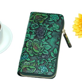 Women's Vintage Floral Embossed Leather Wallet, RFID Blocking Clutch with Coin Bag, Elegant Vintage Design Mother's Day Gift(Green)