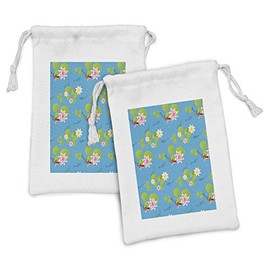 Ambesonne Pond Fabric Pouch Set of 2, Pattern of Koi Fishes and Frogs Swimming with Water Lilies and Lotus Flowers, Small Drawstring Bag for Toiletries Masks and Favors, 9" x 6", Sky Blue Multicolor