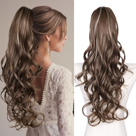 26 Inch Long Layered Ponytail Extension, Drawstring Ponytail for Black Women, Soft Synthetic Wavy Pony Tails Hair Extensions for Daily Use (Color: Deep Almond Brown with Wheat Germ Blonde)