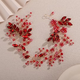 Teyglen Red Crystal Rhinestone Wedding Headband Bridal Crystal Hair Piece Sparkly Crystal Bride Wedding Hair Vine Hair Accessories for Women Wedding Party Prom Jewelry(Red)